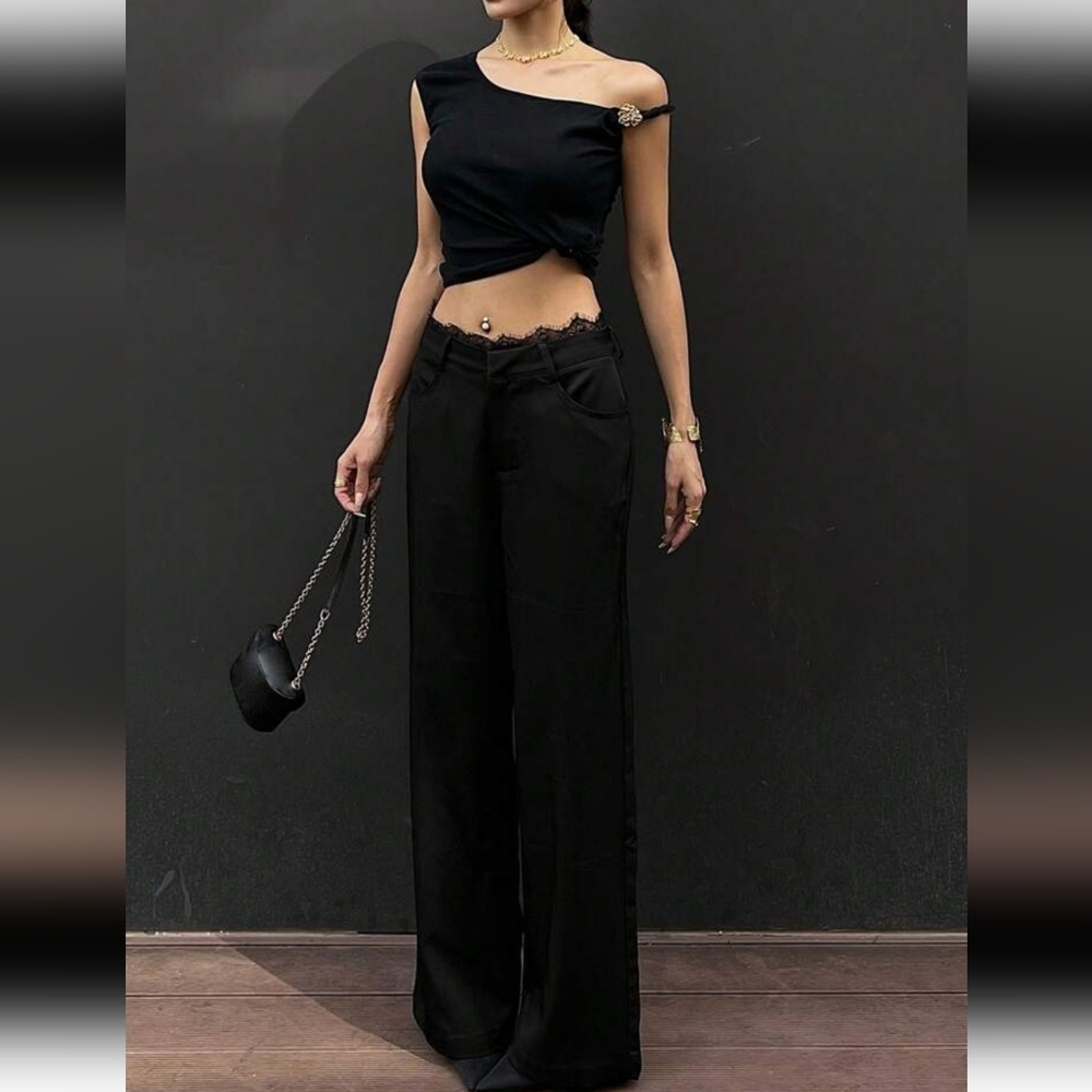 DAZY Loose Casual Lace Waistband Black Pants Women's Size Small